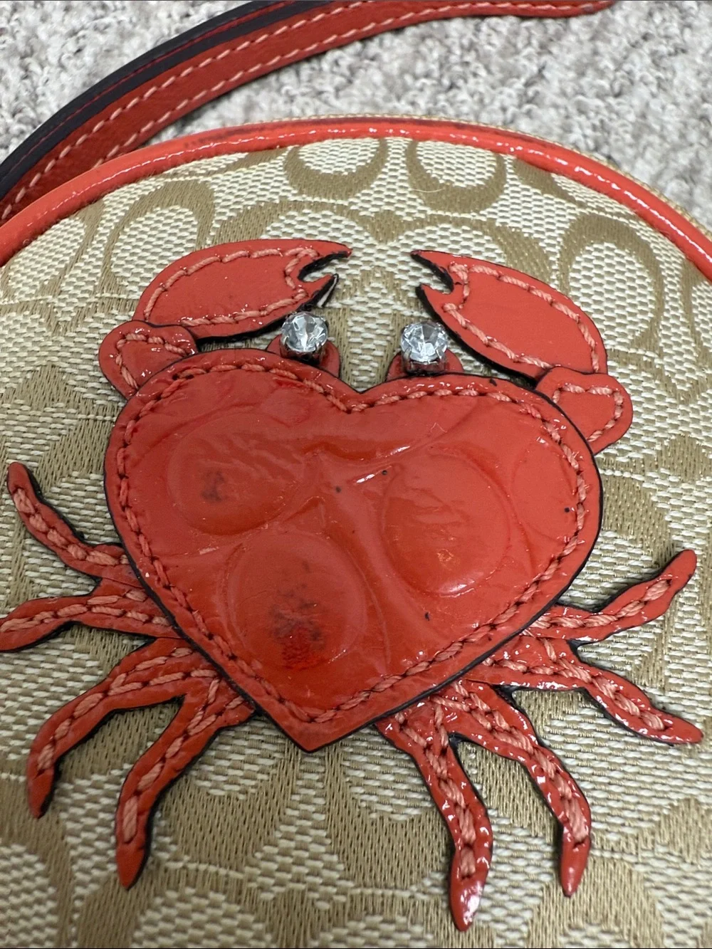 Coach Beige Signature Round Wristlet with Coral Crab 🦀 Appliqué